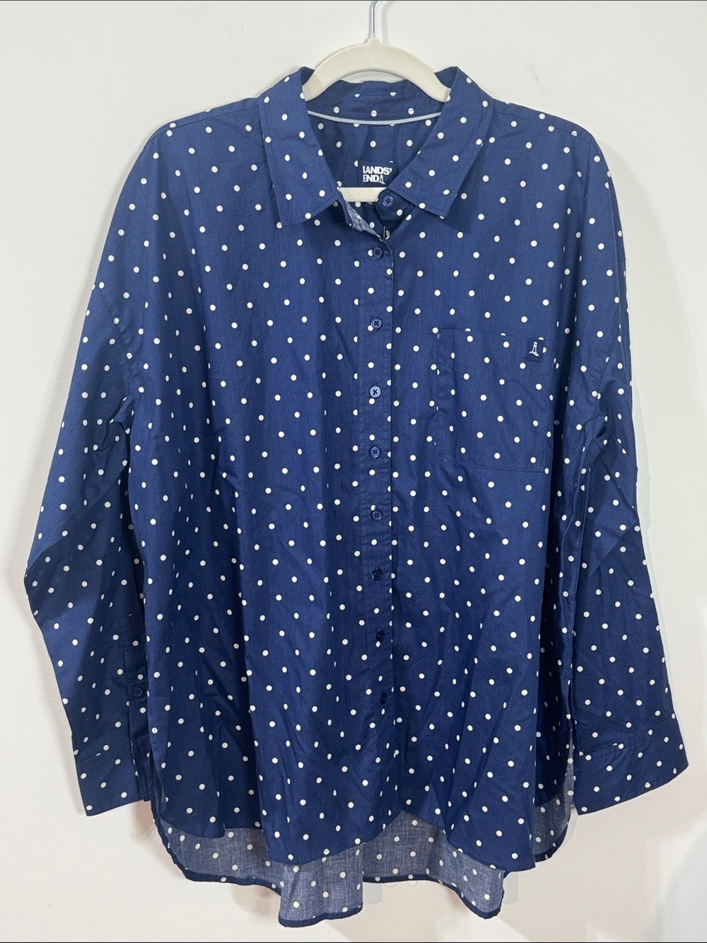 Lands' End Women’s Navy Blue & White Polka Dot Button-Down Long Sleeve Shirt - L